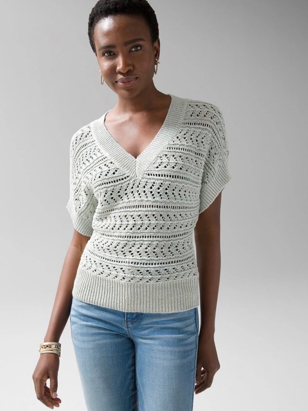 White House Black Market Mint Openwork V-Neck Pullover